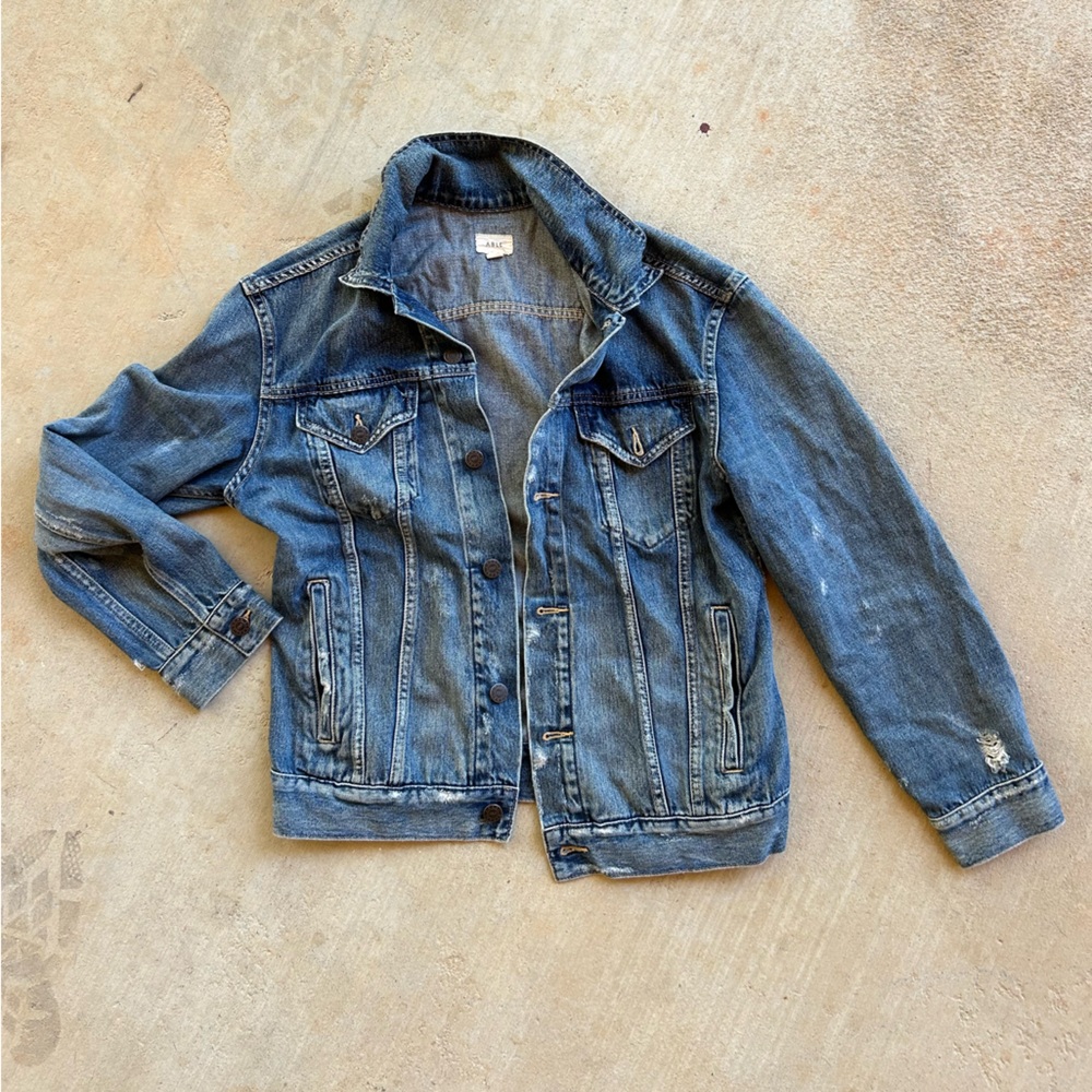 Able Distressed Denim Jacket Size Medium